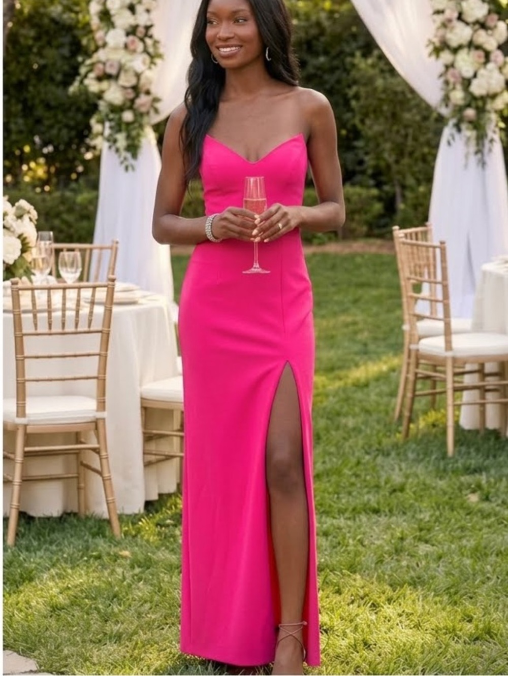 New Lulus Parveen Column Strapless Fuchsia Maxi Dress with Side Slit Sz Large